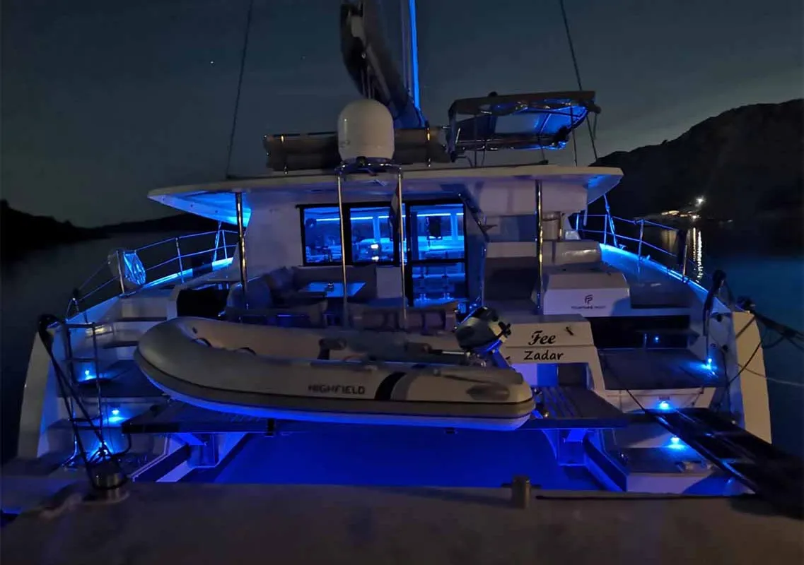 Exterior view of Fee, a Fountaine Pajot Saona 47 Quintet catamaran at Grad Biograd na Moru, Croatia