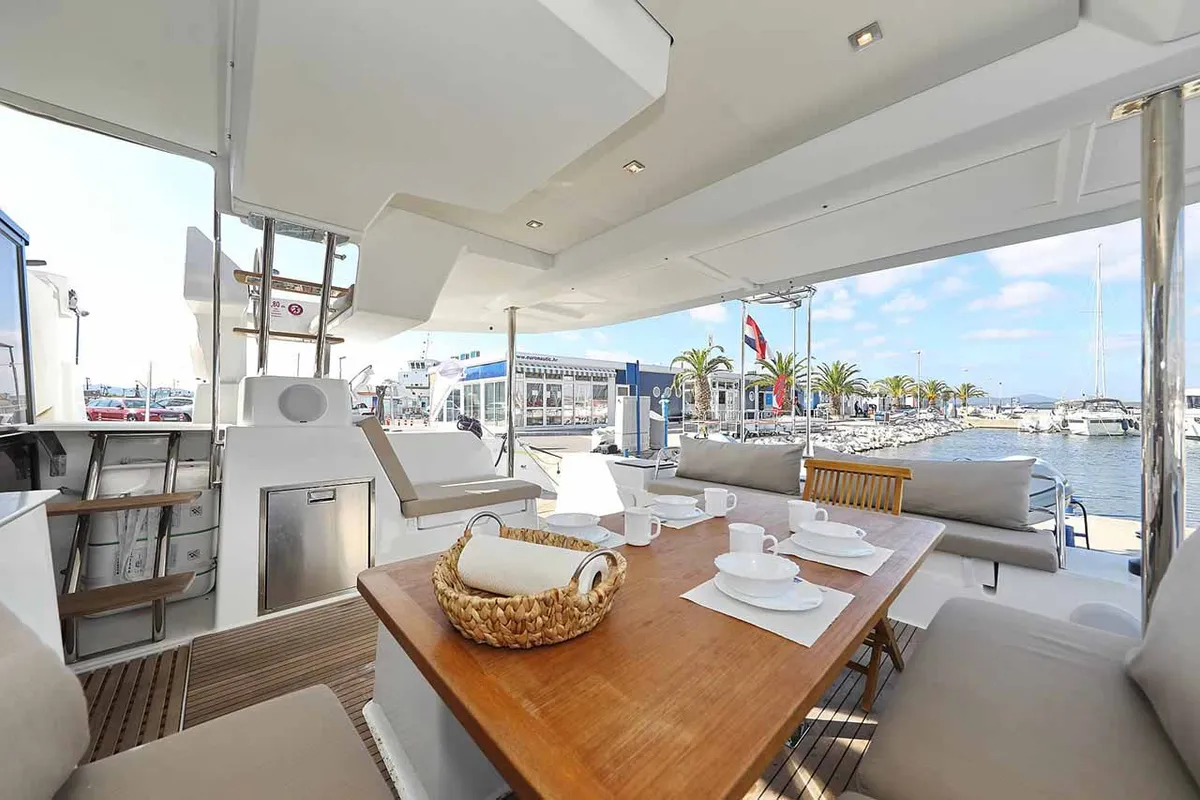 Deck of Fee, a Fountaine Pajot Saona 47 Quintet catamaran at Grad Biograd na Moru, Croatia