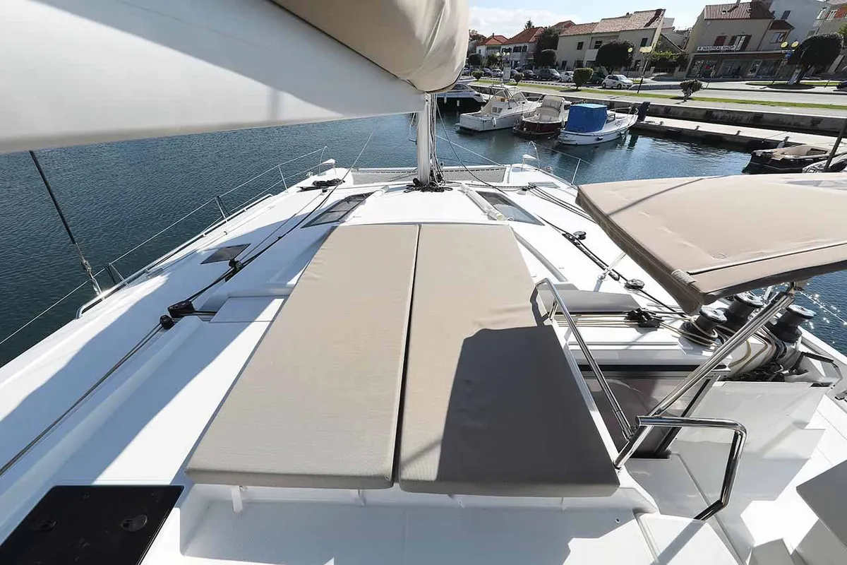 Deck of Fee, a Fountaine Pajot Saona 47 Quintet catamaran at Grad Biograd na Moru, Croatia