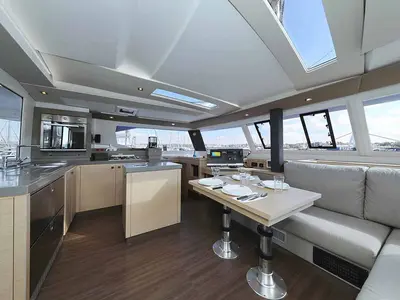 Galley of Fee, a Fountaine Pajot Saona 47 Quintet catamaran at Grad Biograd na Moru, Croatia