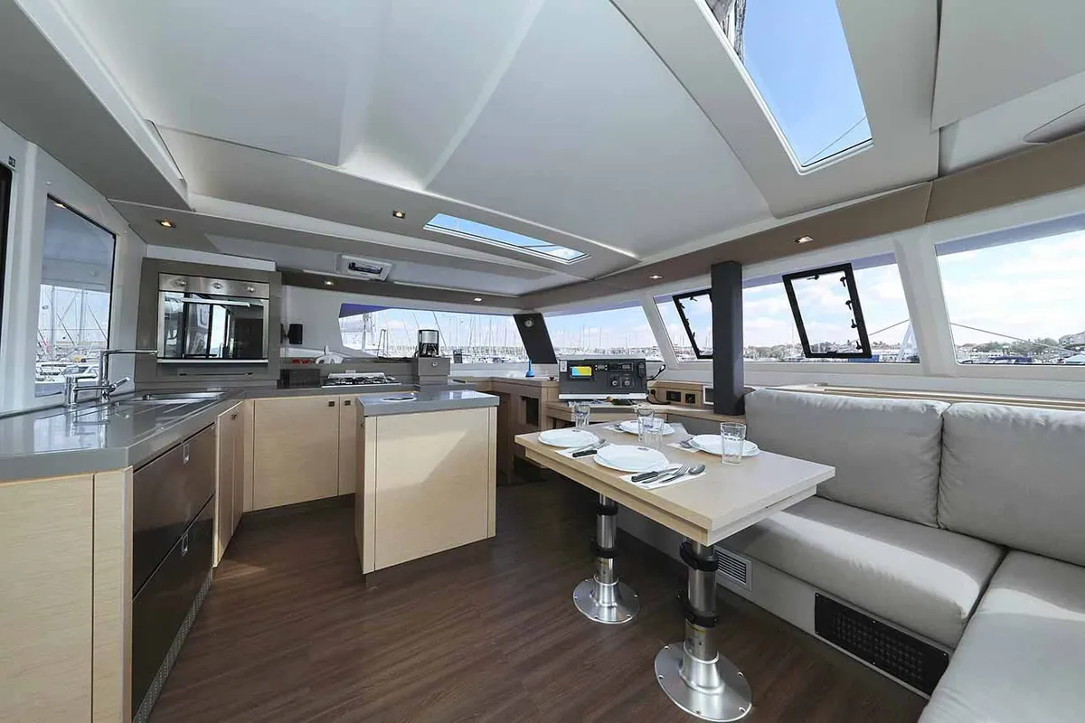 Galley of Fee, a Fountaine Pajot Saona 47 Quintet catamaran at Grad Biograd na Moru, Croatia