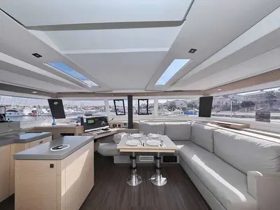 Salon of Fee, a Fountaine Pajot Saona 47 Quintet catamaran at Grad Biograd na Moru, Croatia
