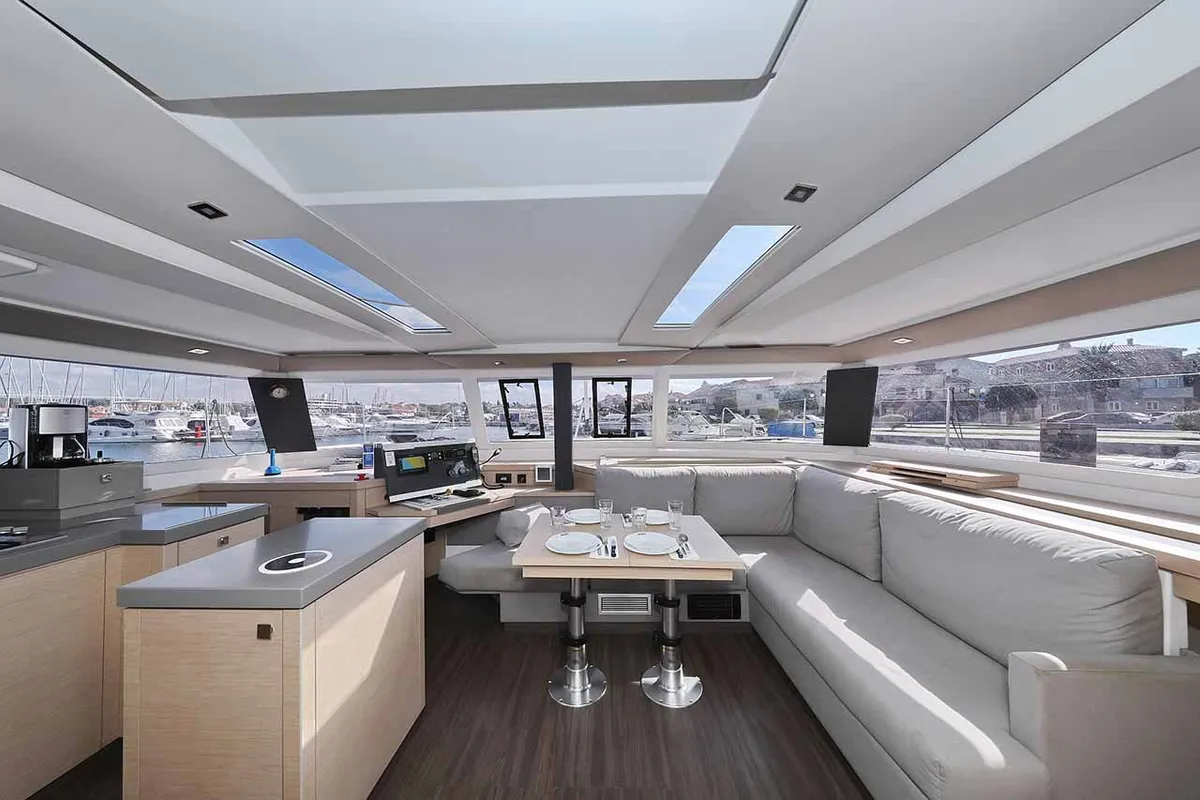 Salon of Fee, a Fountaine Pajot Saona 47 Quintet catamaran at Grad Biograd na Moru, Croatia