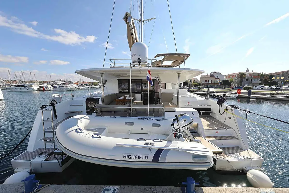 Exterior view of Fee, a Fountaine Pajot Saona 47 Quintet catamaran at Grad Biograd na Moru, Croatia