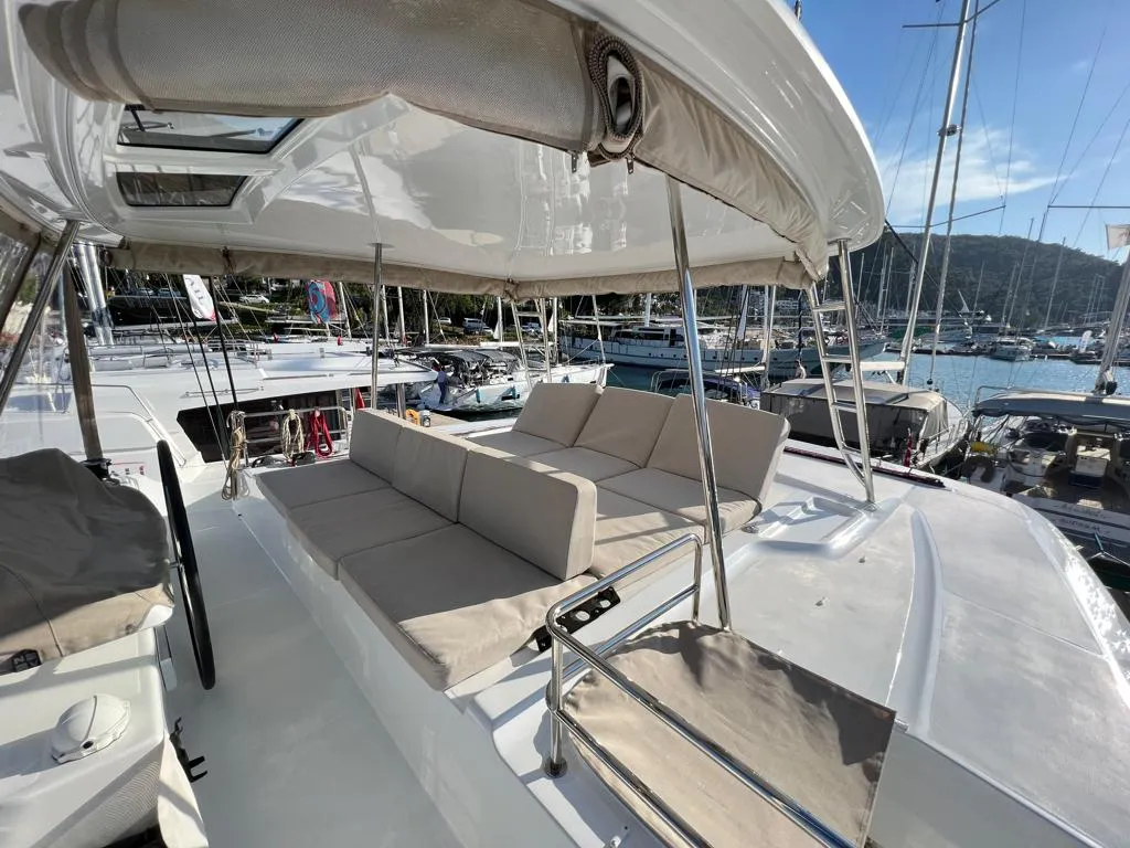 Deck of Swice, a Lagoon 50 OW catamaran at Fethiye, Turkey