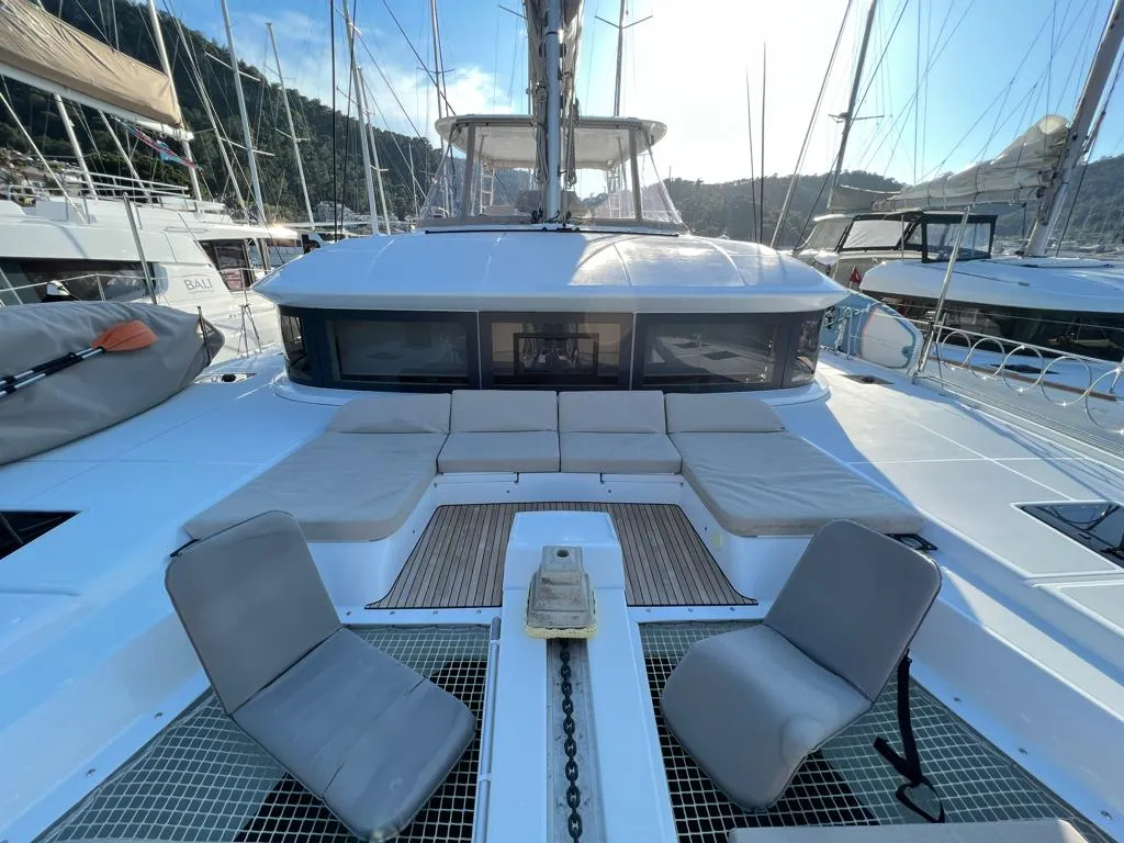 Deck of Swice, a Lagoon 50 OW catamaran at Fethiye, Turkey