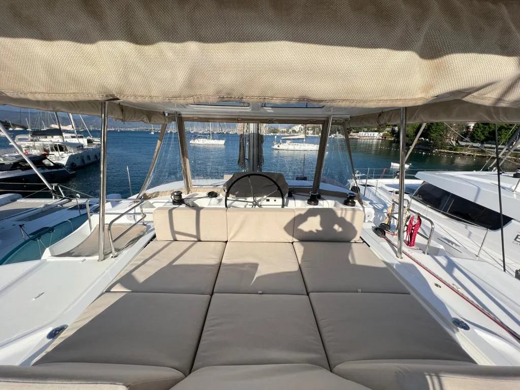 Deck of Swice, a Lagoon 50 OW catamaran at Fethiye, Turkey