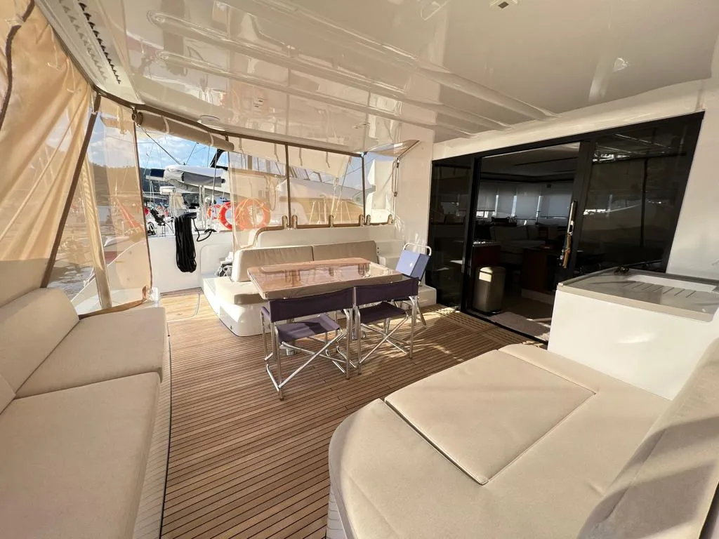 Deck of Swice, a Lagoon 50 OW catamaran at Fethiye, Turkey