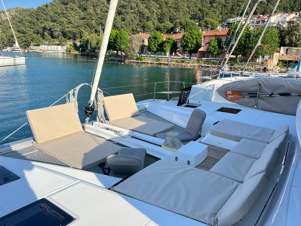 Deck of Swice, a Lagoon 50 OW catamaran at Fethiye, Turkey