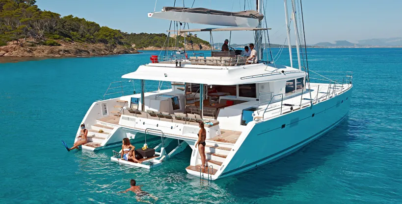Exterior view of Swice, a Lagoon 50 OW catamaran at Fethiye, Turkey