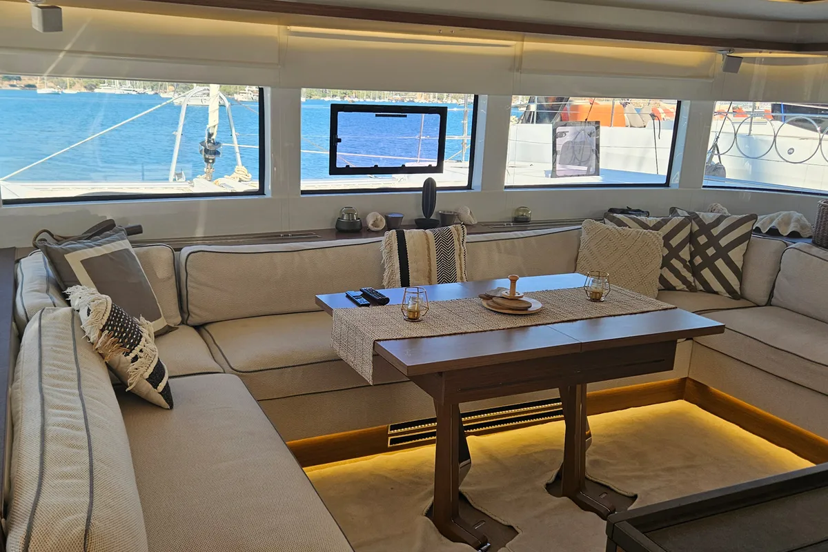 Salon of Swice, a Lagoon 50 OW catamaran at Fethiye, Turkey