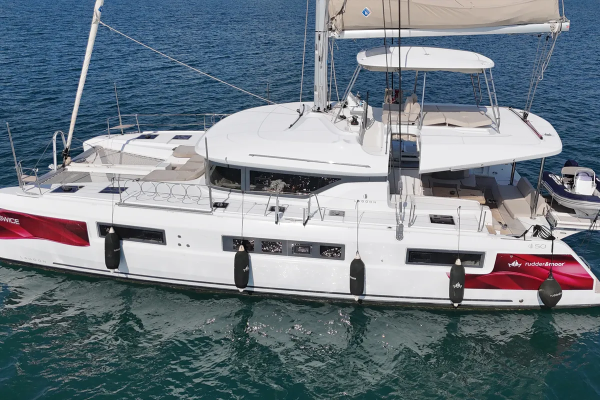 Exterior view of Swice, a Lagoon 50 OW catamaran at Fethiye, Turkey
