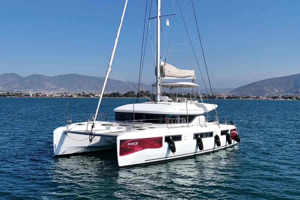 Exterior view of Swice, a Lagoon 50 OW catamaran at Fethiye, Turkey