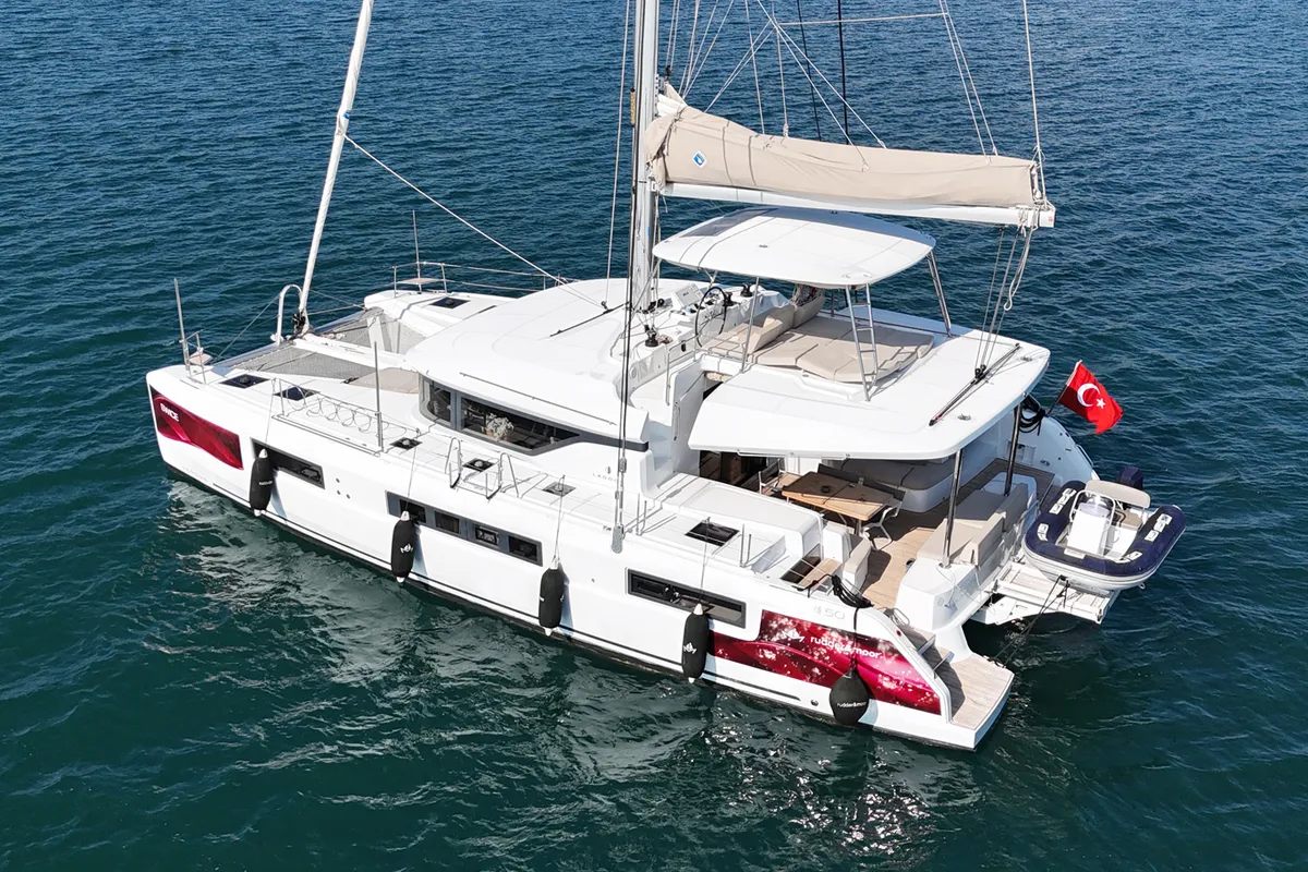 Exterior view of Swice, a Lagoon 50 OW catamaran at Fethiye, Turkey