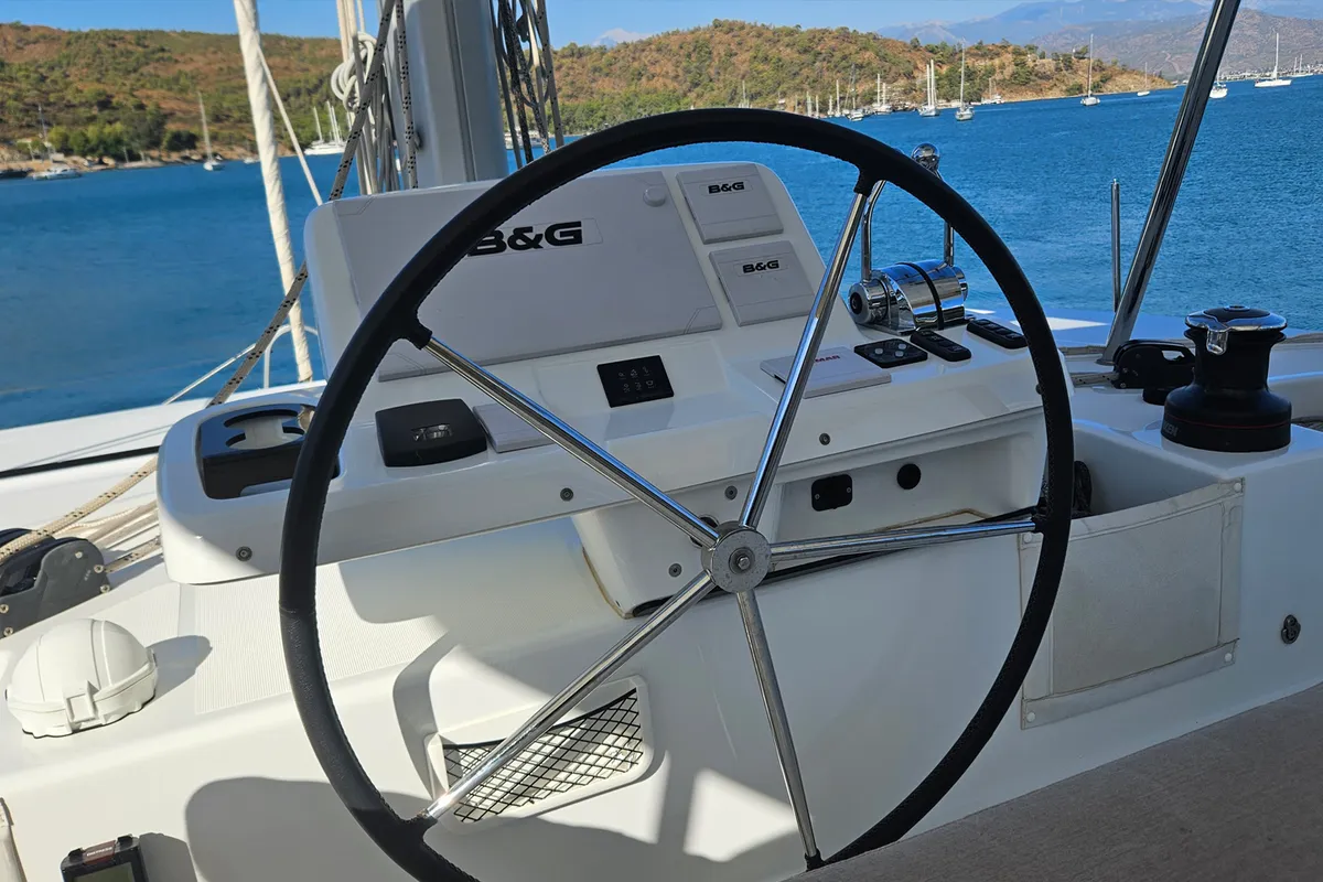 Cockpit of Swice, a Lagoon 50 OW catamaran at Fethiye, Turkey