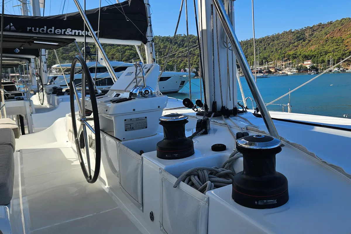 Cockpit of Swice, a Lagoon 50 OW catamaran at Fethiye, Turkey