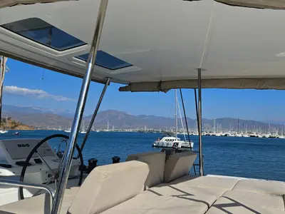 Cockpit of Swice, a Lagoon 50 OW catamaran at Fethiye, Turkey