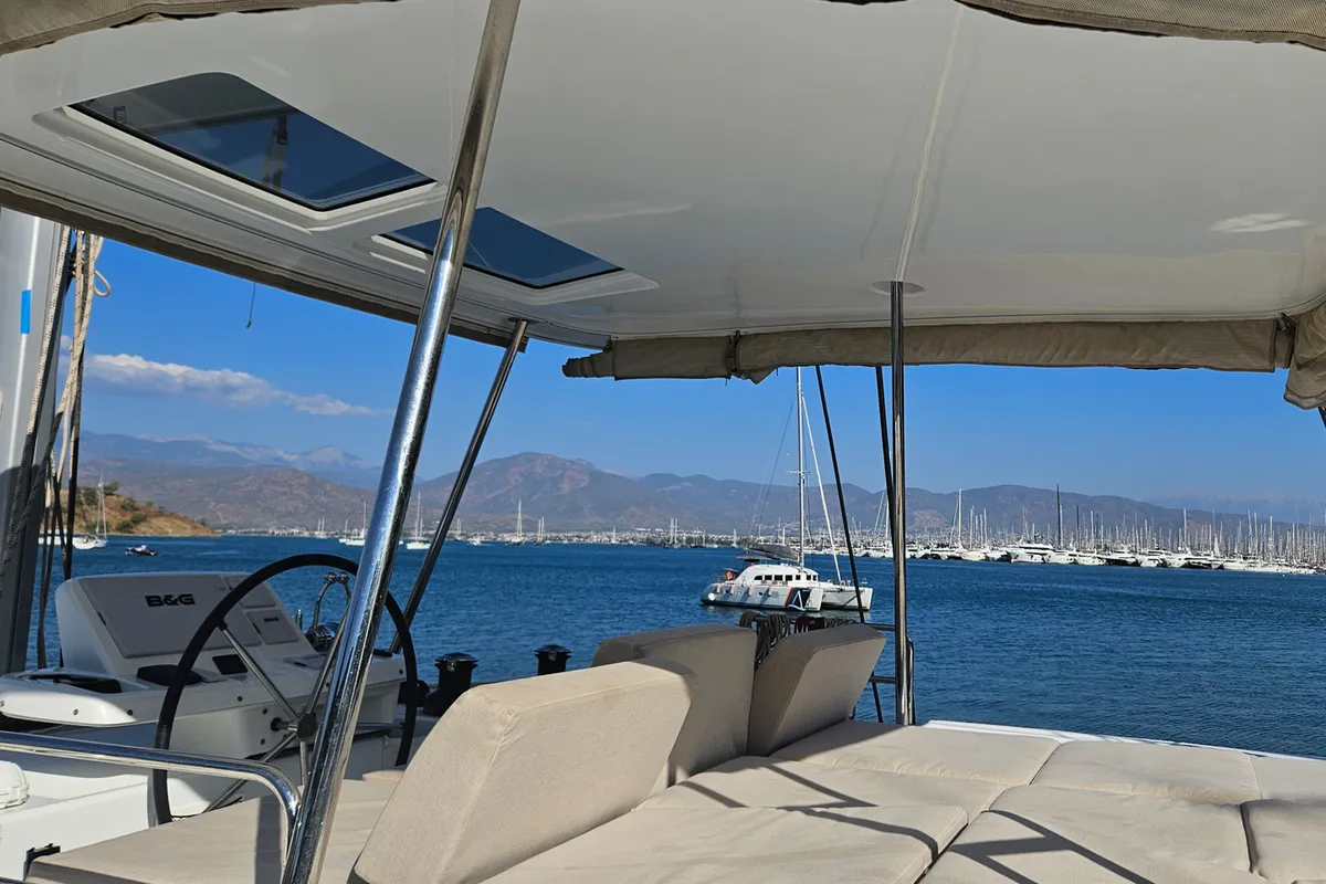 Cockpit of Swice, a Lagoon 50 OW catamaran at Fethiye, Turkey