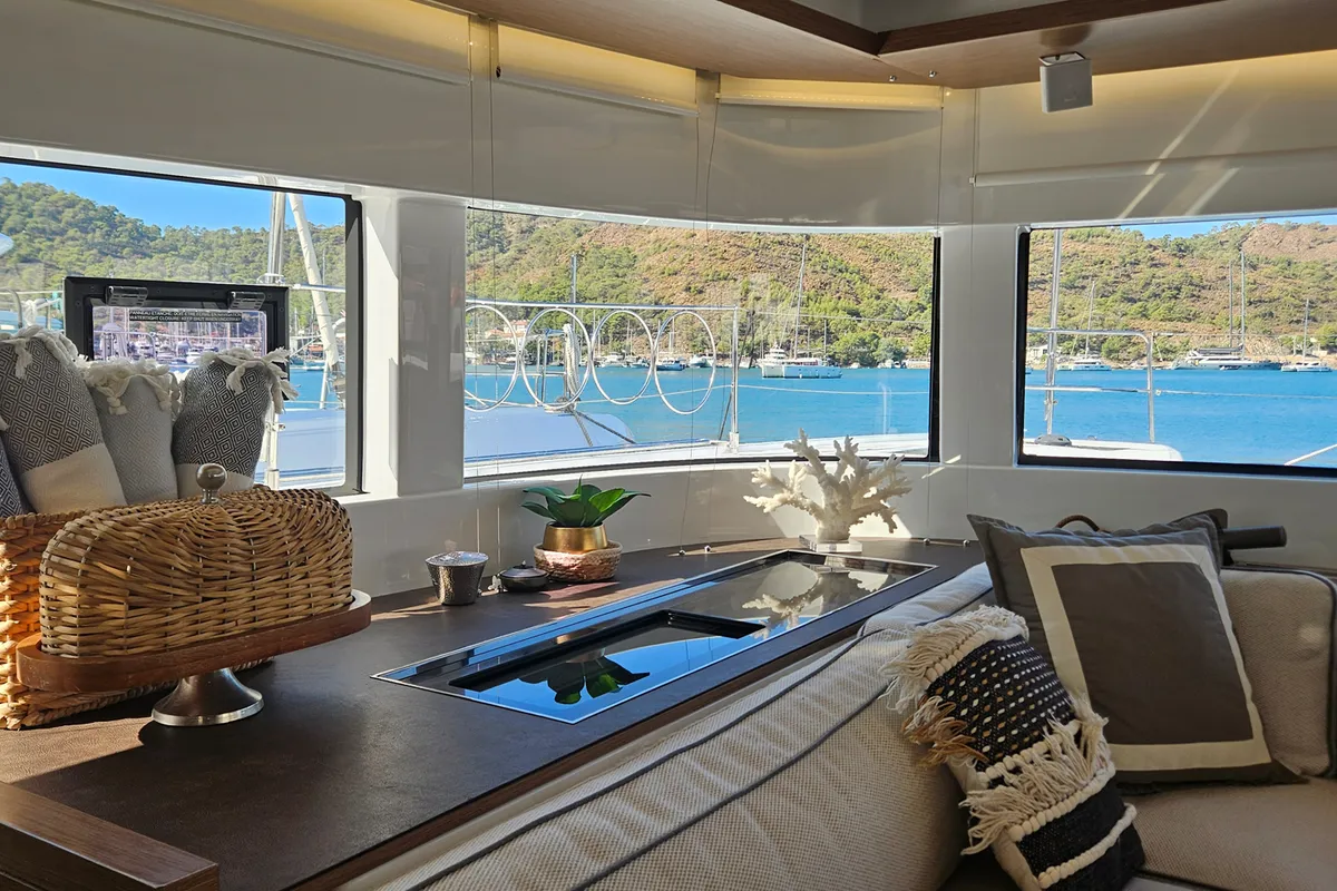 Salon of Swice, a Lagoon 50 OW catamaran at Fethiye, Turkey