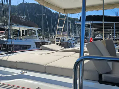 Deck of Swice, a Lagoon 50 OW catamaran at Fethiye, Turkey