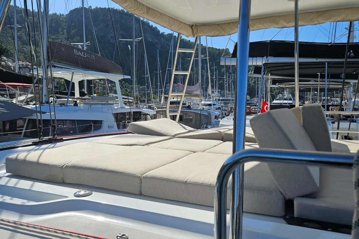 Deck of Swice, a Lagoon 50 OW catamaran at Fethiye, Turkey