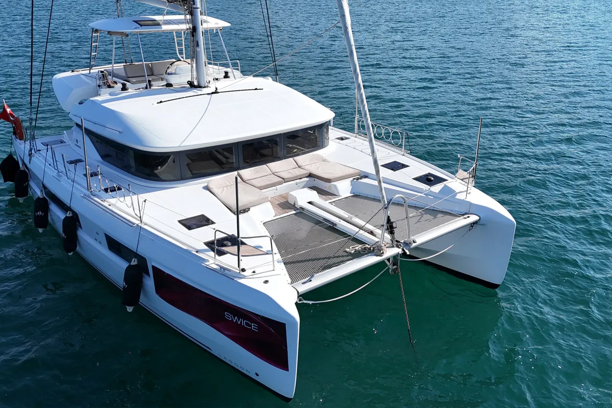 Exterior view of Swice, a Lagoon 50 OW catamaran at Fethiye, Turkey