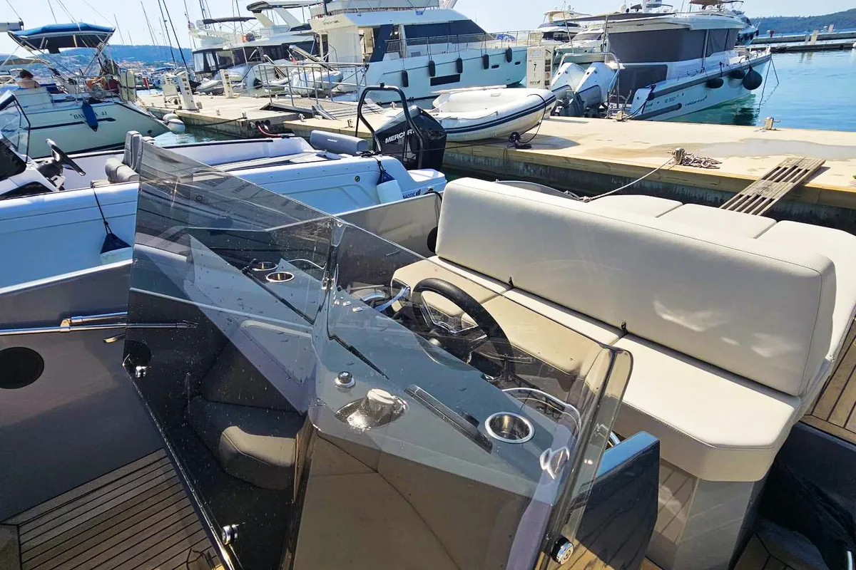 Deck of Diva, a RAND Play 24 motorboat at Seget Donji, Croatia