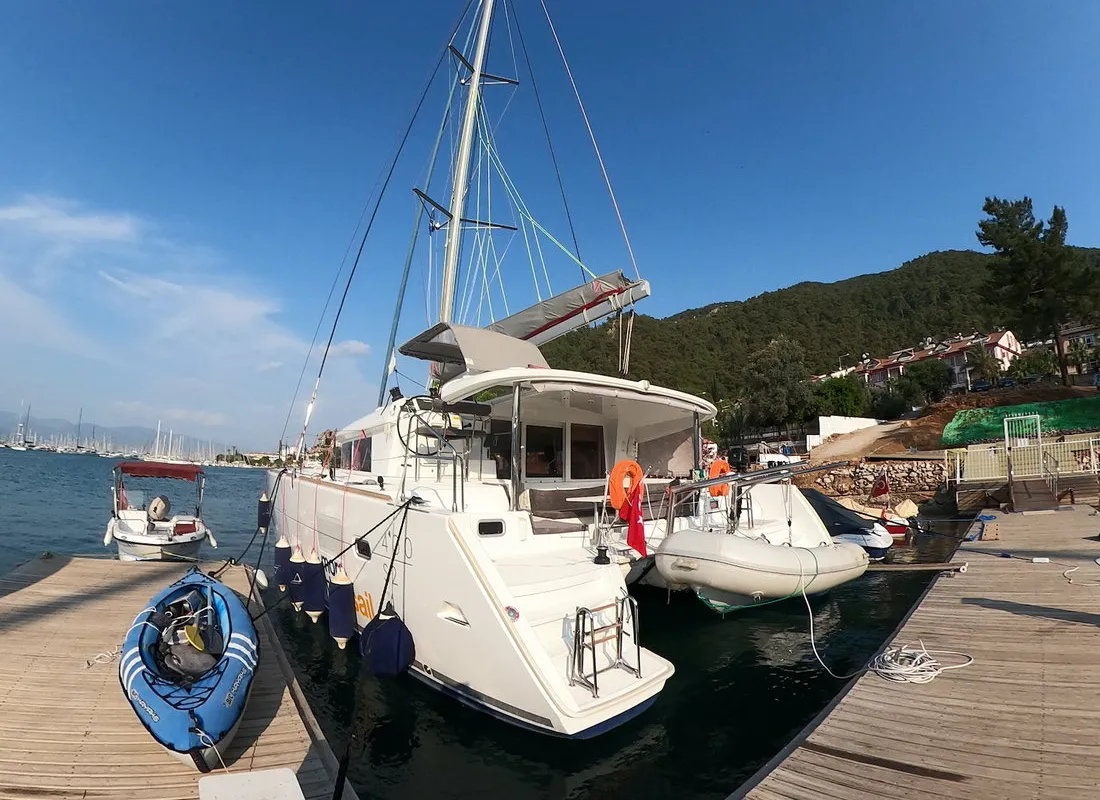 Exterior view of Suncity 2, a Lagoon 400 S2 catamaran at Fethiye, Turkey