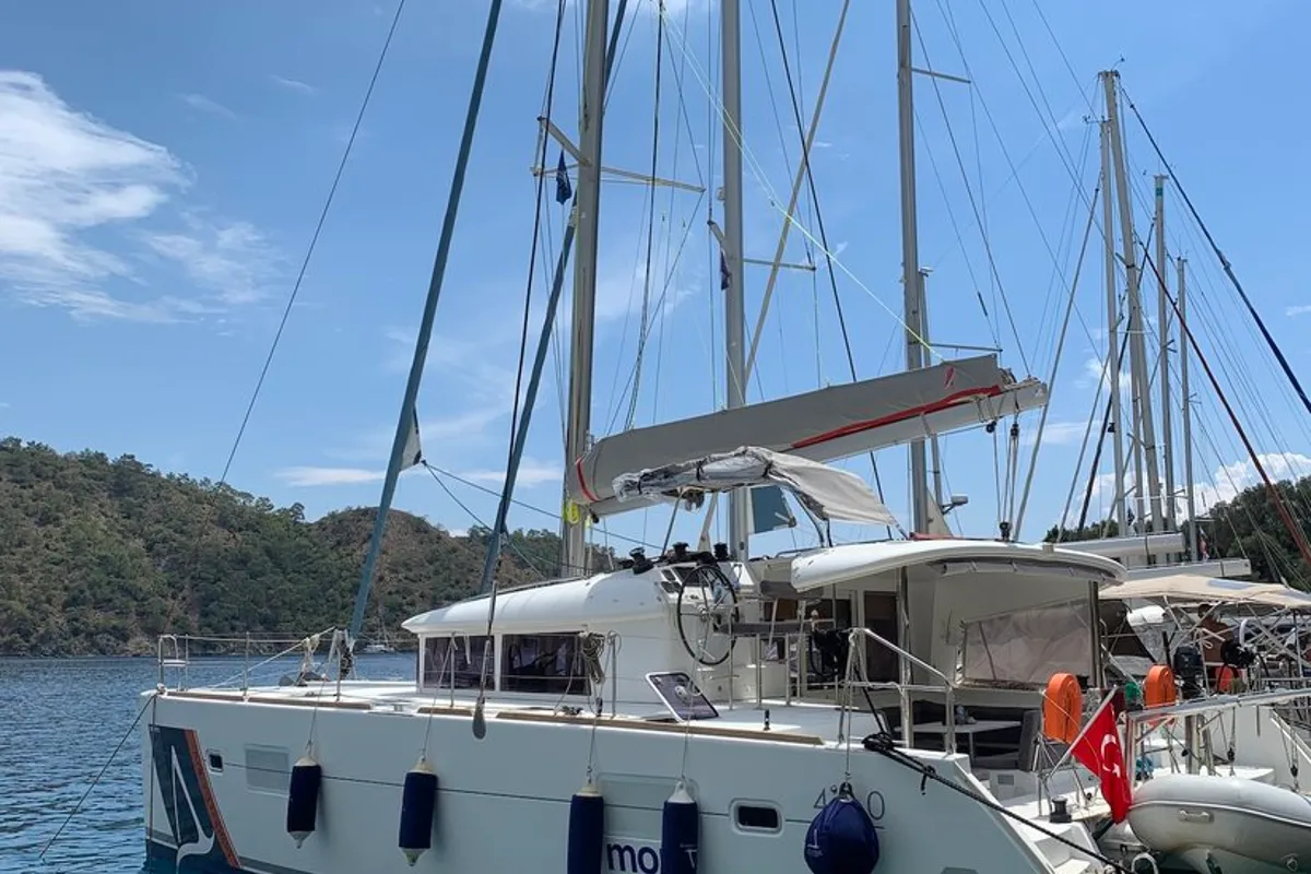 Exterior view of Suncity 2, a Lagoon 400 S2 catamaran at Fethiye, Turkey