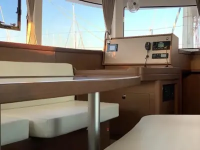 Cockpit of Maisha, a Lagoon 42 catamaran at Piombino, Italy