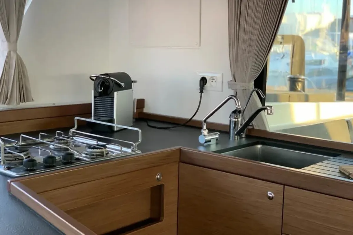 Galley of Maisha, a Lagoon 42 catamaran at Piombino, Italy