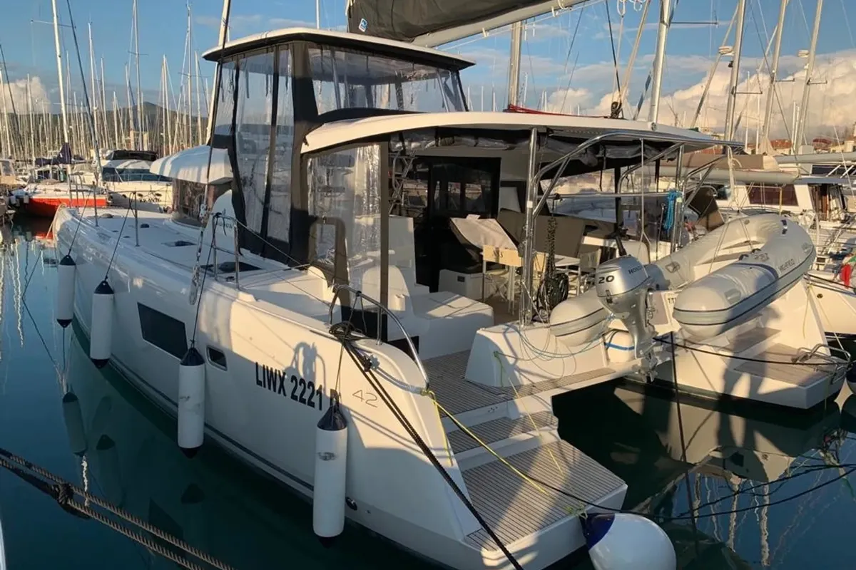 Exterior view of Maisha, a Lagoon 42 catamaran at Piombino, Italy