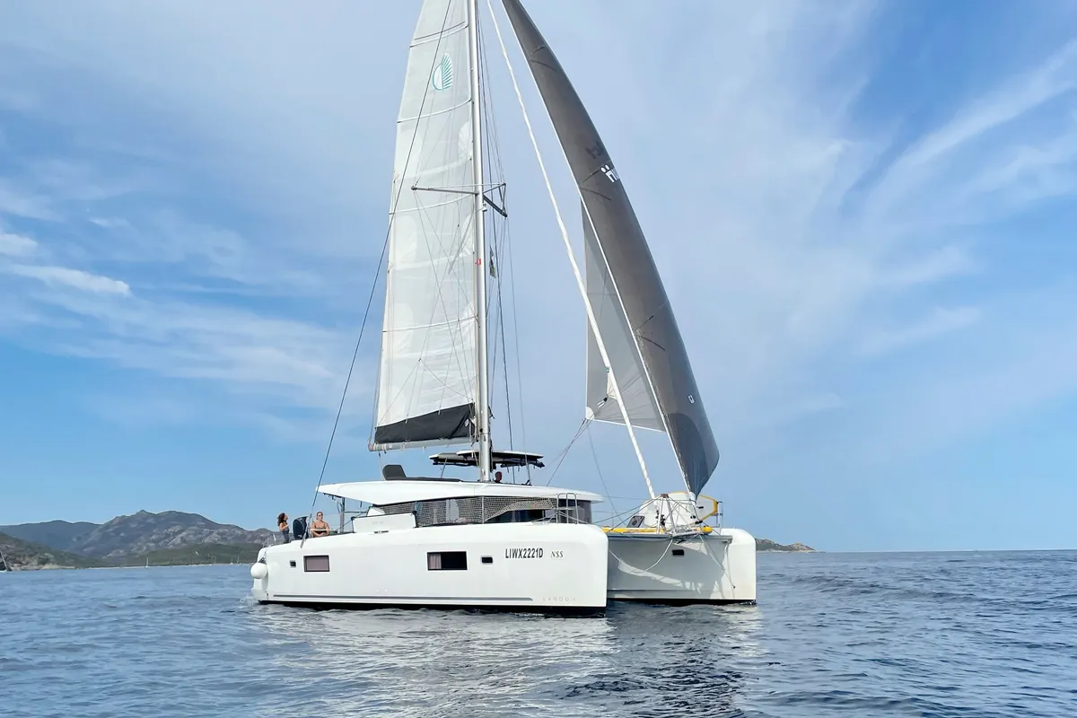 Exterior view of Maisha, a Lagoon 42 catamaran at Piombino, Italy