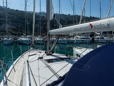 Deck of Eumephe - Standard Line, a Jeanneau Sun Odyssey 410 sailboat at Olbia, Italy