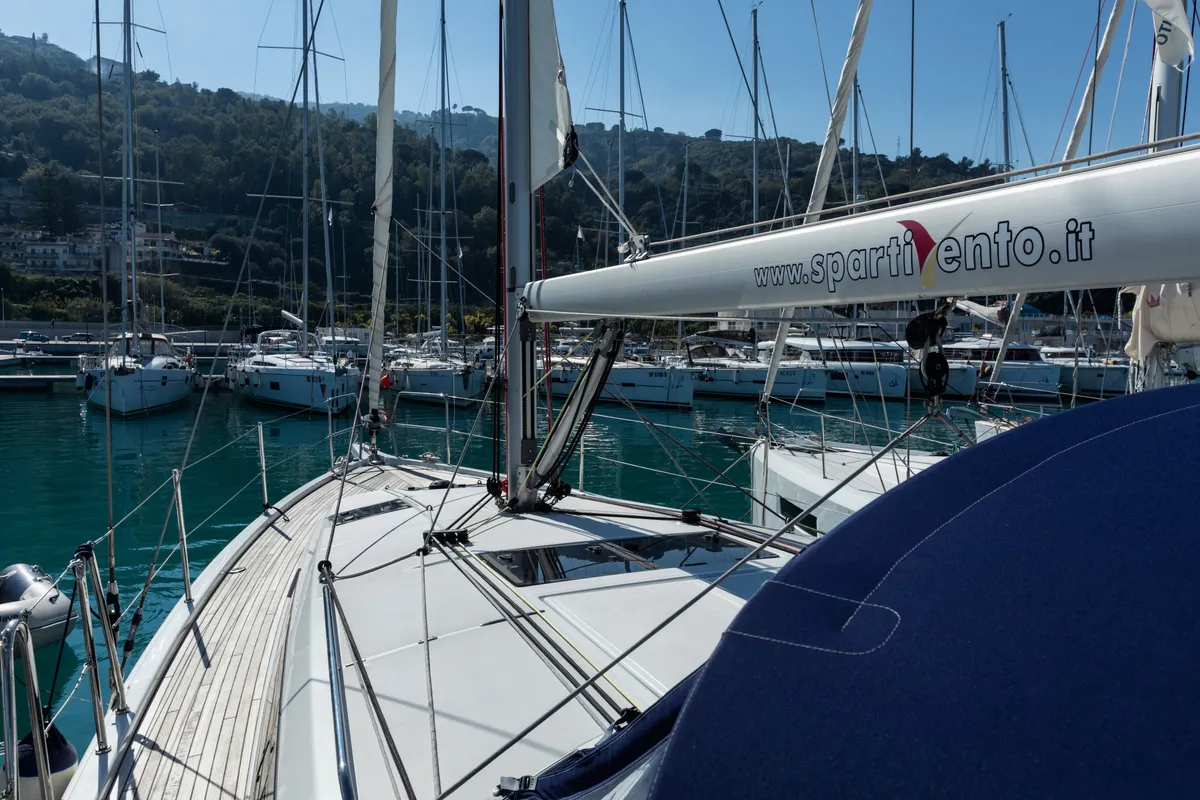 Deck of Eumephe - Standard Line, a Jeanneau Sun Odyssey 410 sailboat at Olbia, Italy