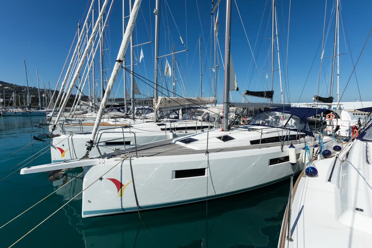 Exterior view of Eumephe - Standard Line, a Jeanneau Sun Odyssey 410 sailboat at Olbia, Italy
