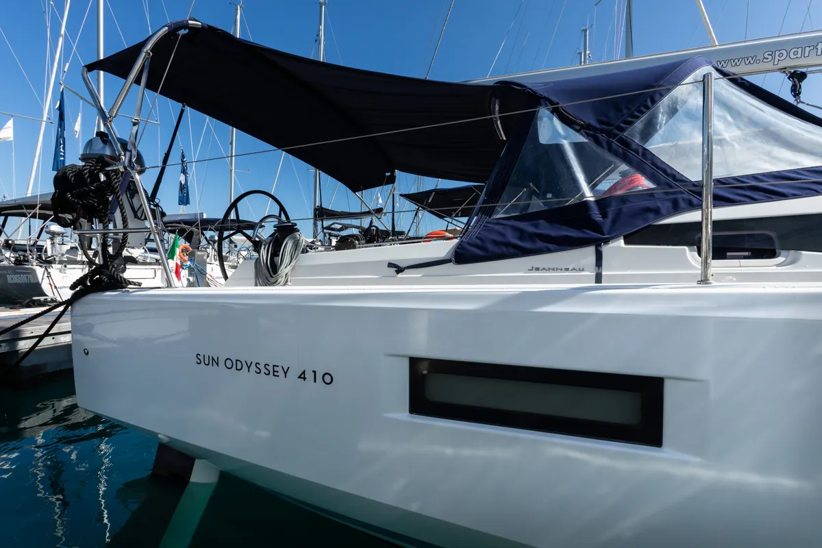 Exterior view of Eumephe - Standard Line, a Jeanneau Sun Odyssey 410 sailboat at Olbia, Italy