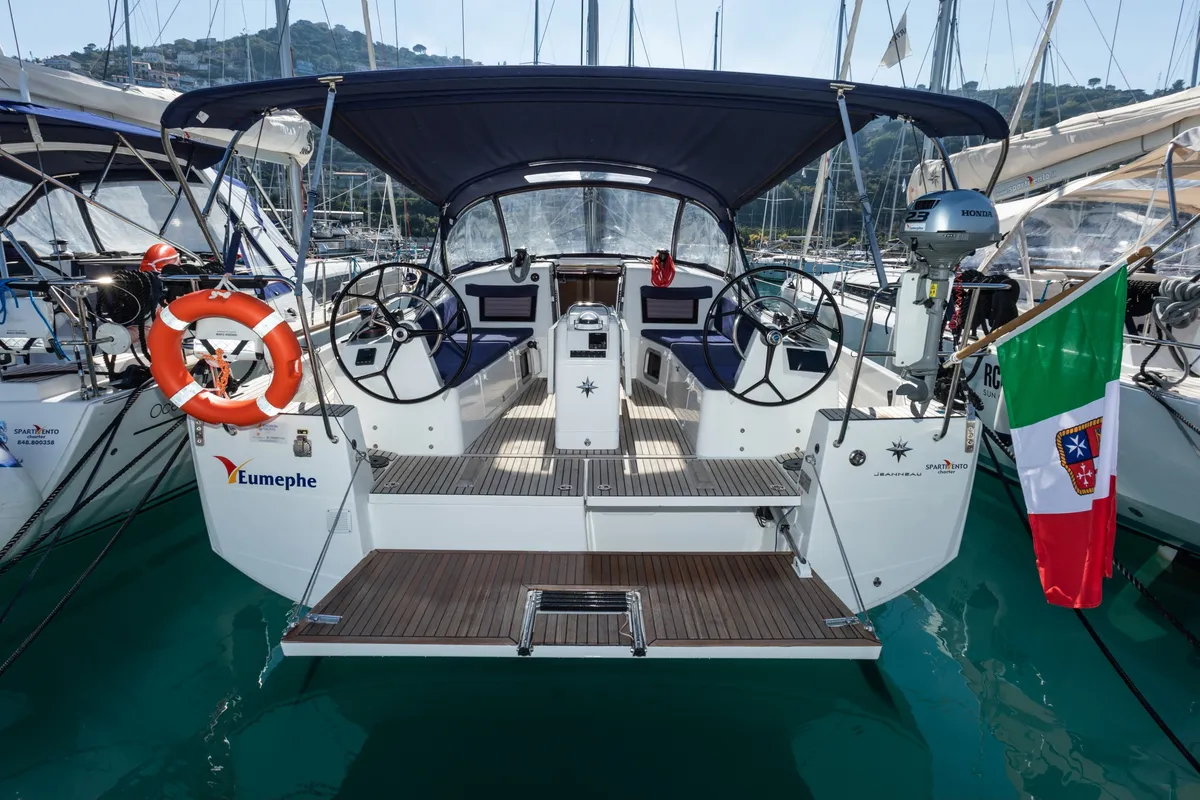 Exterior view of Eumephe - Standard Line, a Jeanneau Sun Odyssey 410 sailboat at Olbia, Italy
