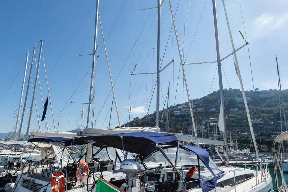 Exterior view of Eumephe - Standard Line, a Jeanneau Sun Odyssey 410 sailboat at Olbia, Italy