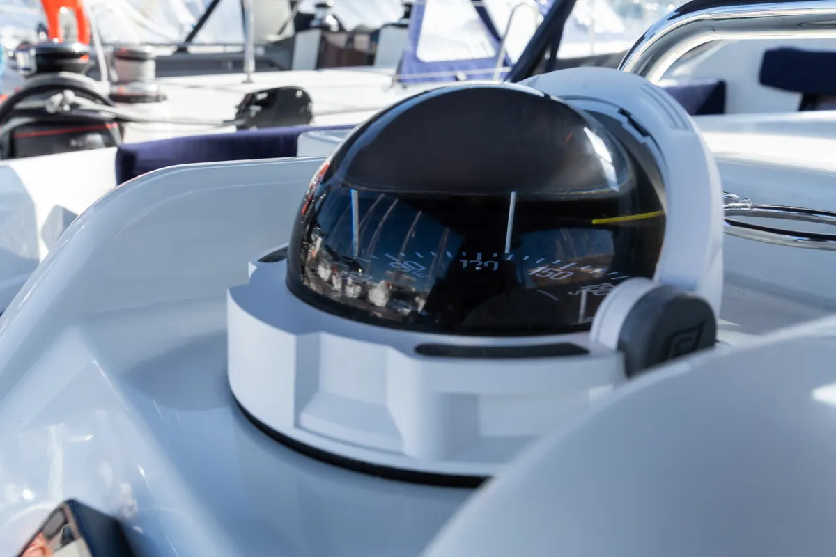 Cockpit of Eumephe - Standard Line, a Jeanneau Sun Odyssey 410 sailboat at Olbia, Italy