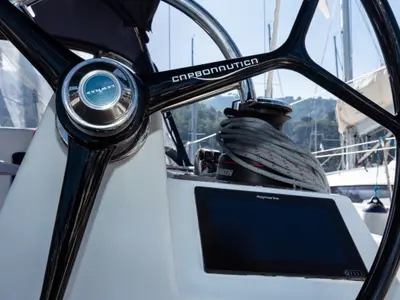 Cockpit of Eumephe - Standard Line, a Jeanneau Sun Odyssey 410 sailboat at Olbia, Italy