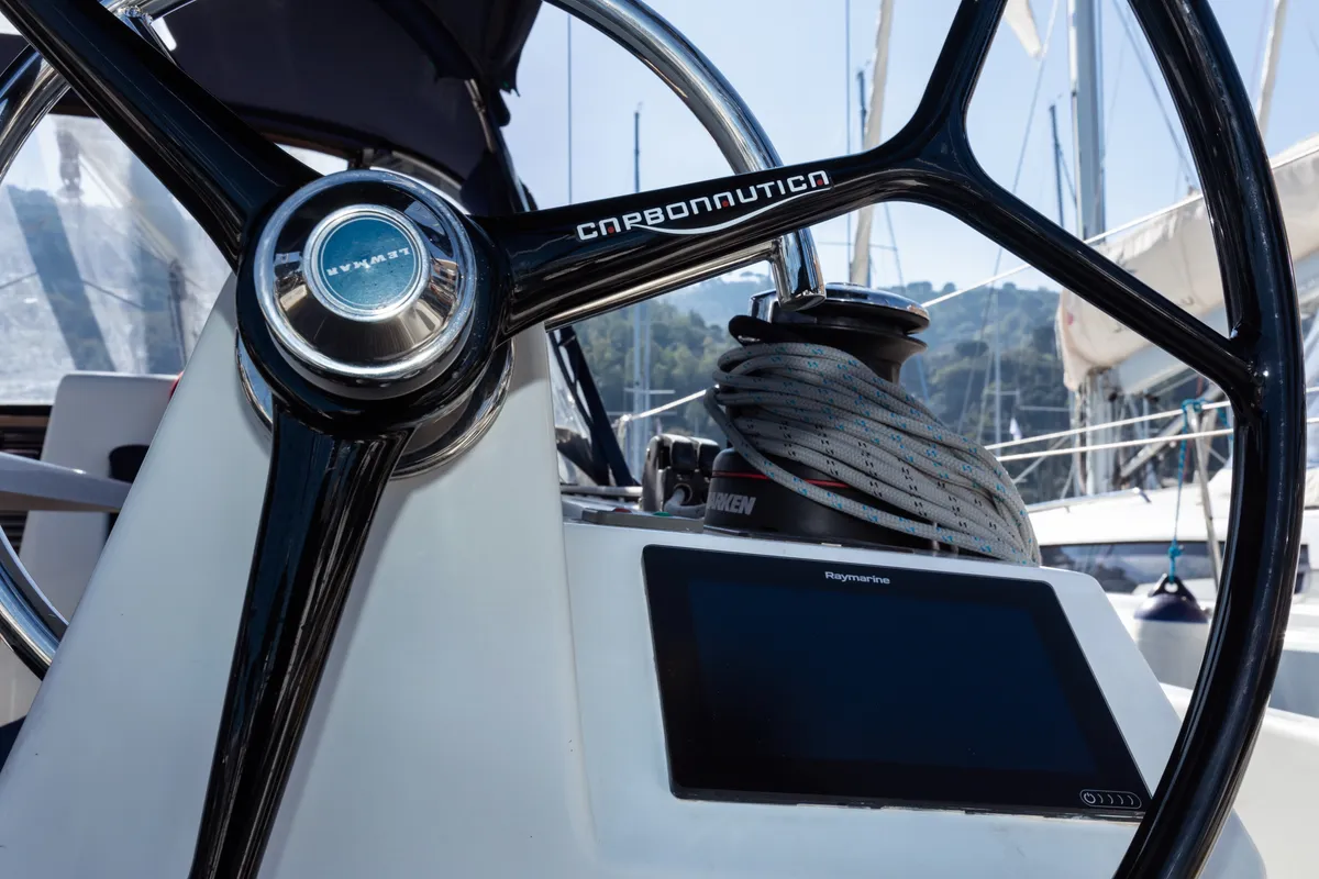 Cockpit of Eumephe - Standard Line, a Jeanneau Sun Odyssey 410 sailboat at Olbia, Italy