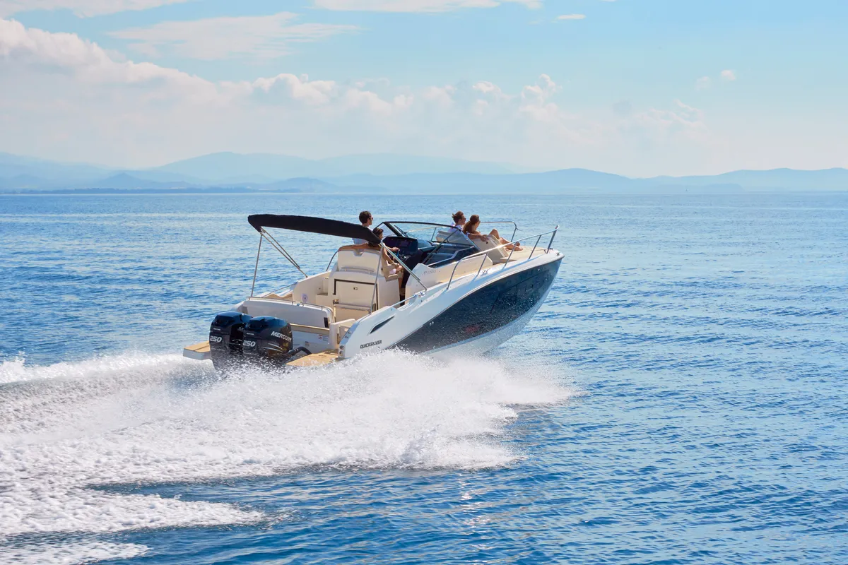 Exterior view of Summer Dream, a Quicksilver Activ 875 Sundeck motorboat at Tribunj, Croatia