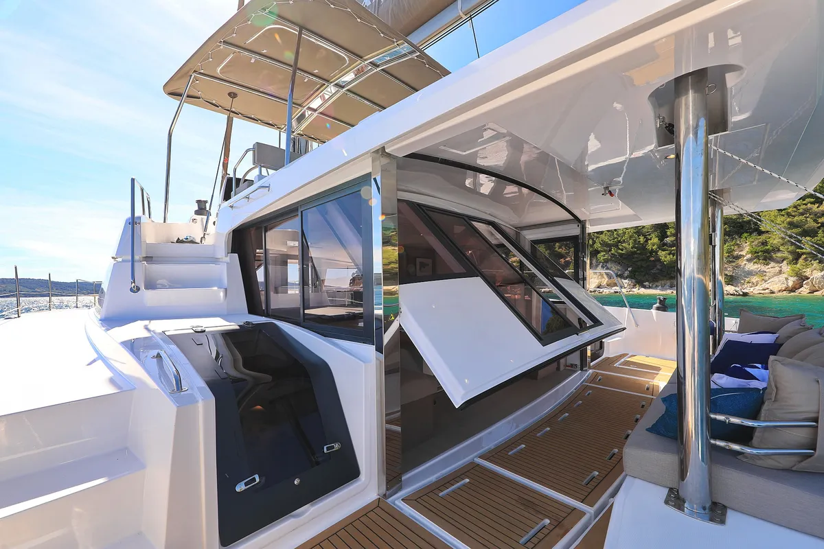 Deck of Joie De Vivre, a Bali 4.6 catamaran at Seget Donji, Croatia