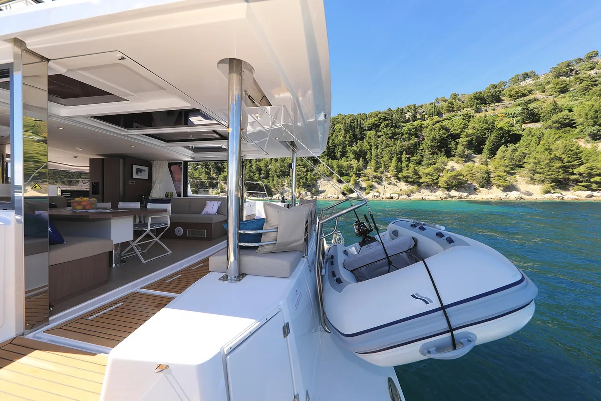 Deck of Joie De Vivre, a Bali 4.6 catamaran at Seget Donji, Croatia