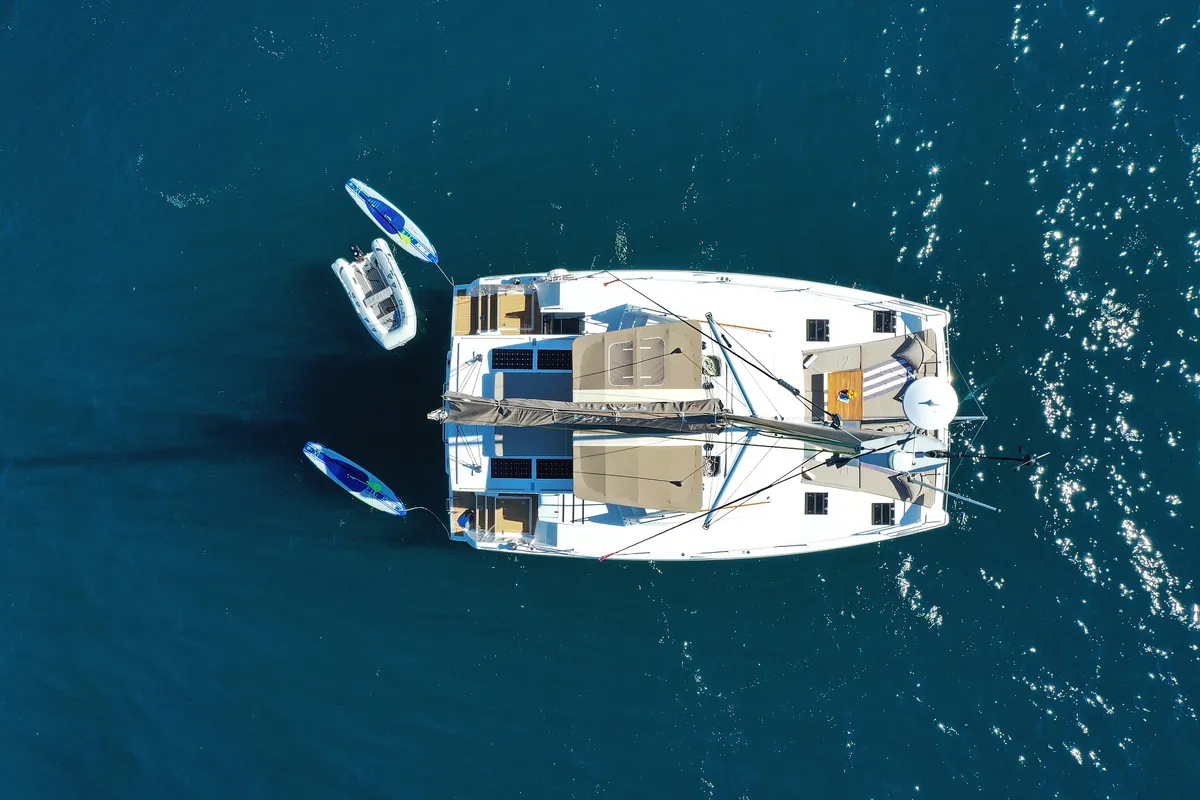 Exterior view of Joie De Vivre, a Bali 4.6 catamaran at Seget Donji, Croatia