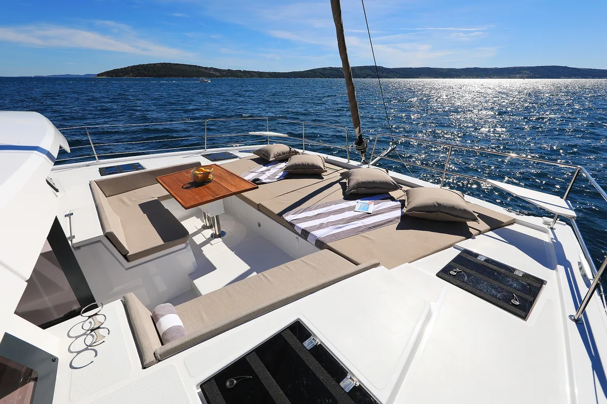 Deck of Joie De Vivre, a Bali 4.6 catamaran at Seget Donji, Croatia