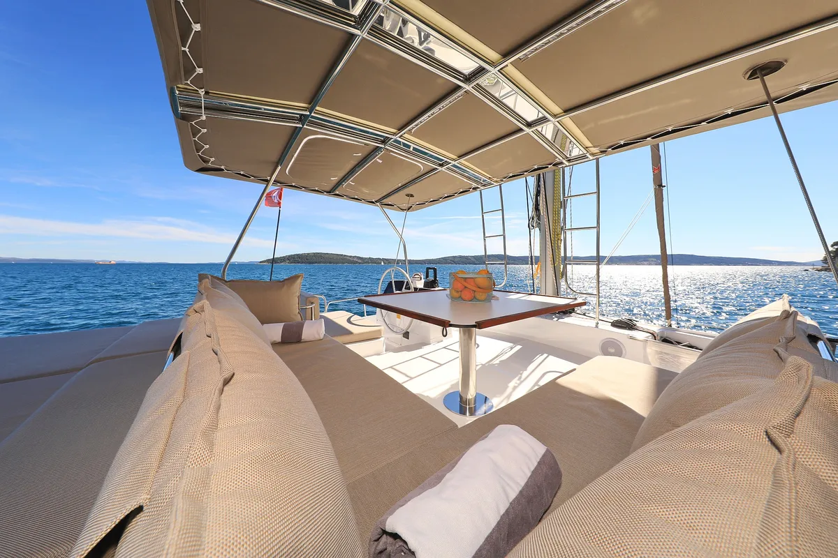 Deck of Joie De Vivre, a Bali 4.6 catamaran at Seget Donji, Croatia
