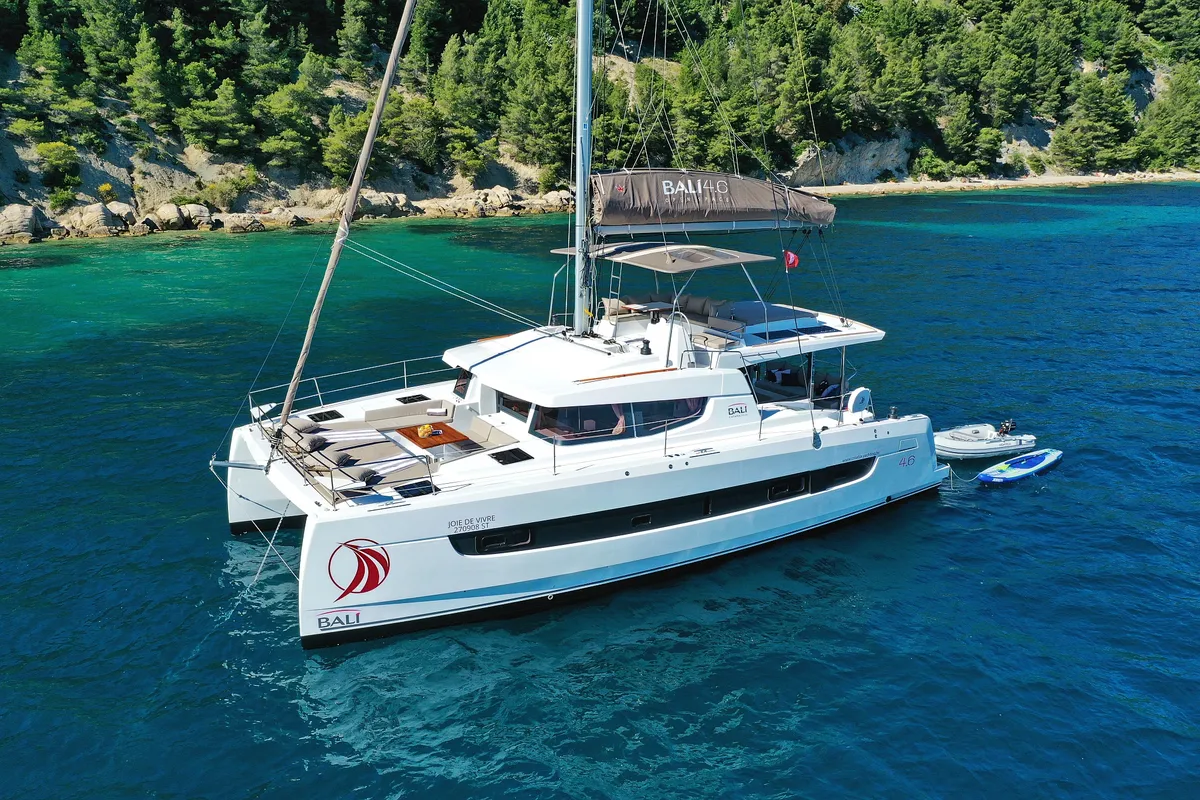 Exterior view of Joie De Vivre, a Bali 4.6 catamaran at Seget Donji, Croatia