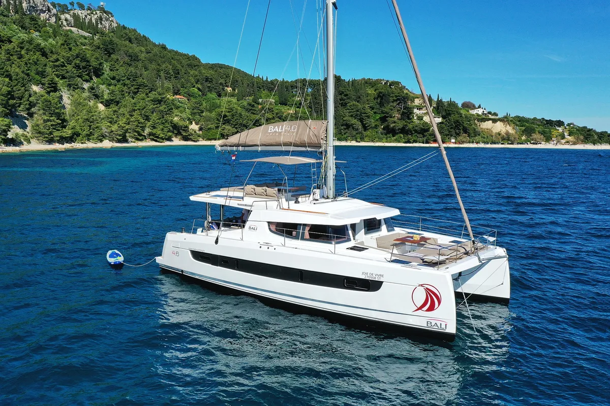 Exterior view of Joie De Vivre, a Bali 4.6 catamaran at Seget Donji, Croatia